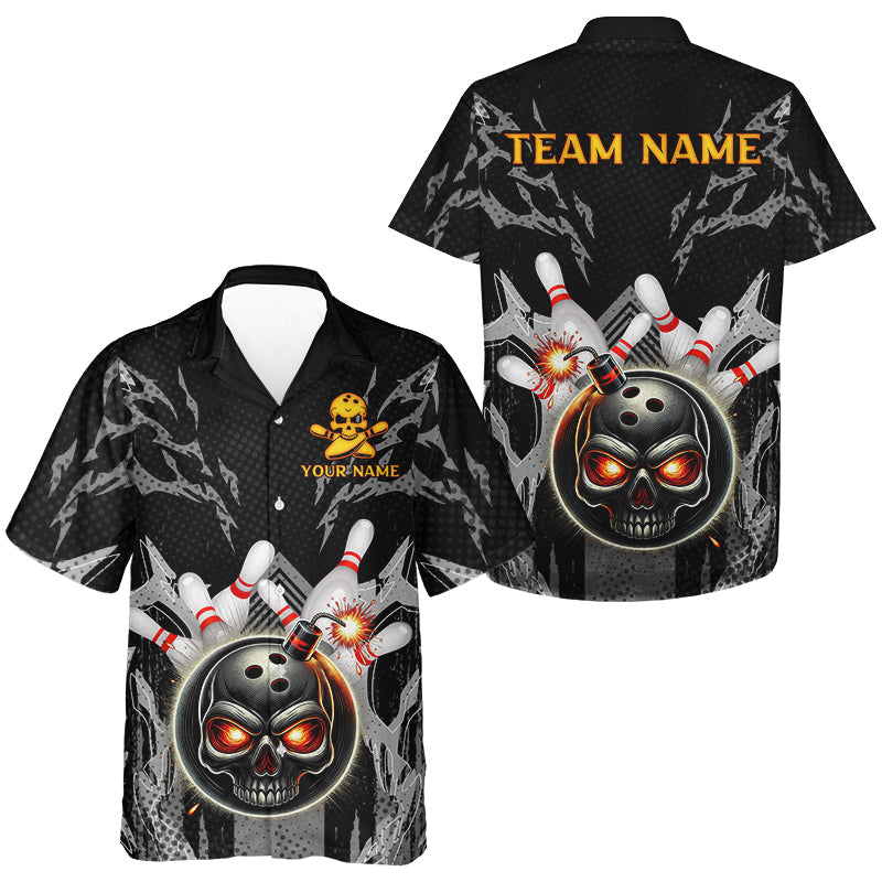 Funny Black and Gray Camo Hawaiian bowling shirts Custom Skull Bowling Bomb Team button up shirts NQS9792