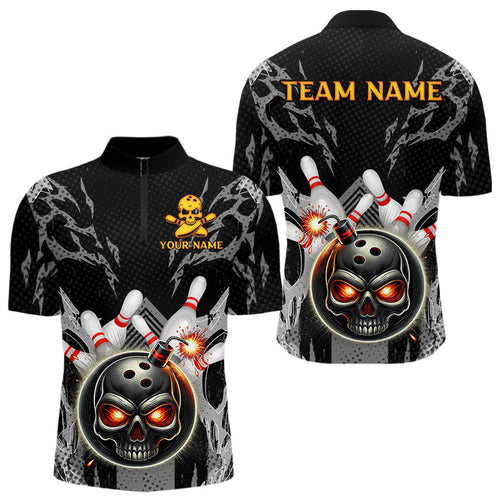 Funny Black and Gray Camo Bowling Shirt For Men Custom Skull Bowling Bomb Team bowling attire for men NQS9792