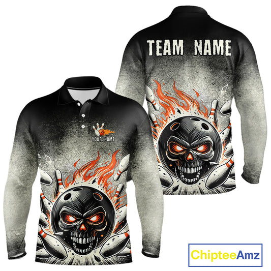 Funny Flame Skull Bowling Ball and Pins Retro Black Bowling Shirt For Men Custom Bowling Team Jersey NQS9794