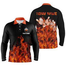 Load image into Gallery viewer, Personalized Men polo Bowling Shirt Orange Flame Bowling Ball and Pins bowling jerseys for men Bowler NQS6036