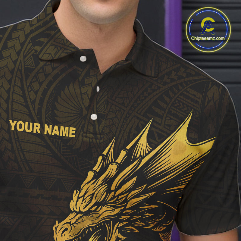Custom Tribal pattern Gold Dragon Bowling Polo, Quarter Zip Shirt For Men, Bowling Team League Jersey NQS10349