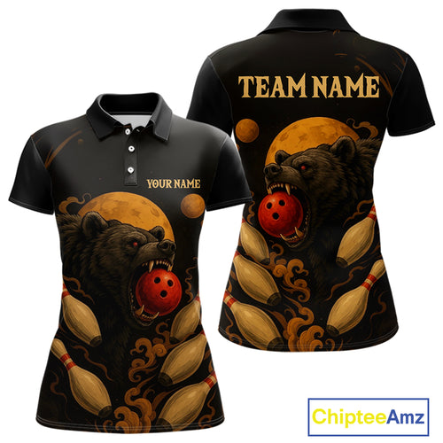 Custom Black Bear Bowling Women Polo, Quarter Zip Shirts Bear Bowling Team Jerseys NQS10781