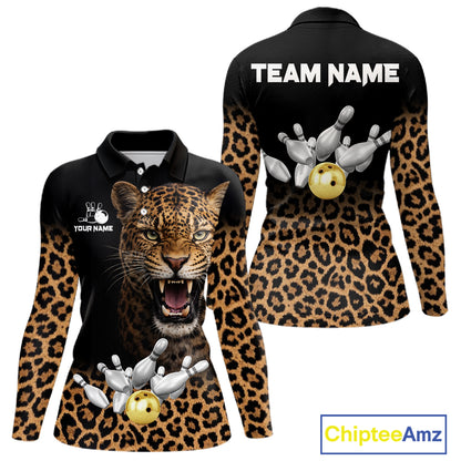 Custom Leopard Bowling Polo, Quarter Zip Jerseys for Women, Personalized Leopard Bowling Team shirts NQS11570