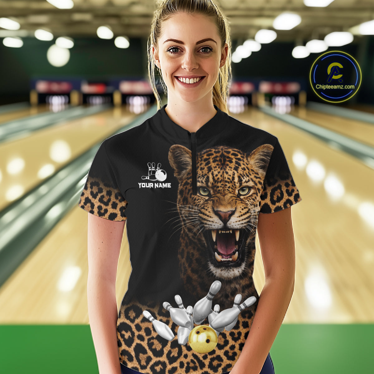 Custom Leopard Bowling Polo, Quarter Zip Jerseys for Women, Personalized Leopard Bowling Team shirts NQS11570