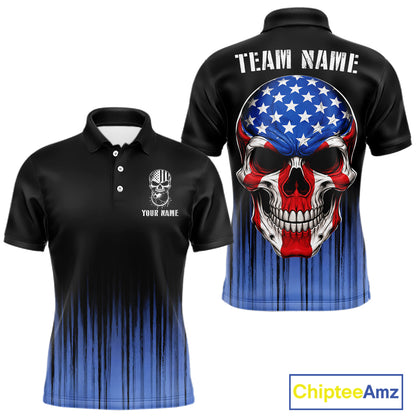 Black and Blue American Flag Skull Bowling Shirts for Men Custom Patriotic Bowling Team jerseys NQS11699