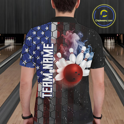 Smoke American Flag Vintage Bowling Polo, 1/4 Zip Shirts For Men Custom Patriotic Bowling Team jerseys NQS9802