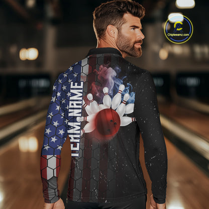 Smoke American Flag Vintage Bowling Polo, 1/4 Zip Shirts For Men Custom Patriotic Bowling Team jerseys NQS9802