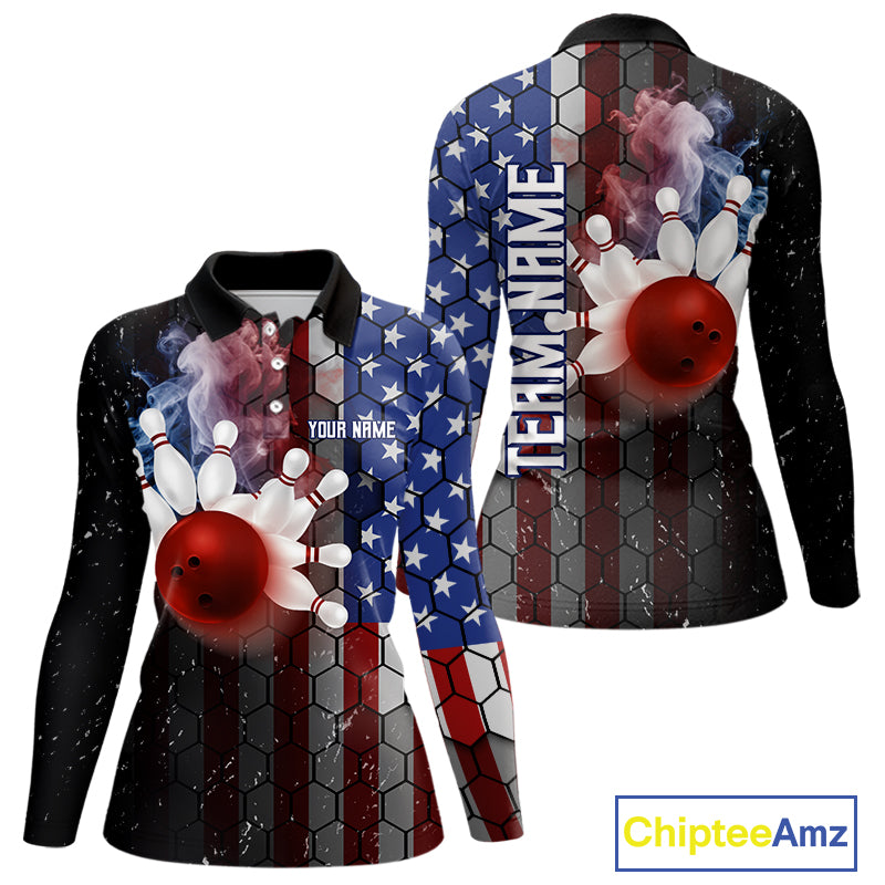 Smoke American Flag Vintage Women Bowling Polo, 1/4 Zip Shirts Custom Patriotic Bowling Team jerseys NQS9802
