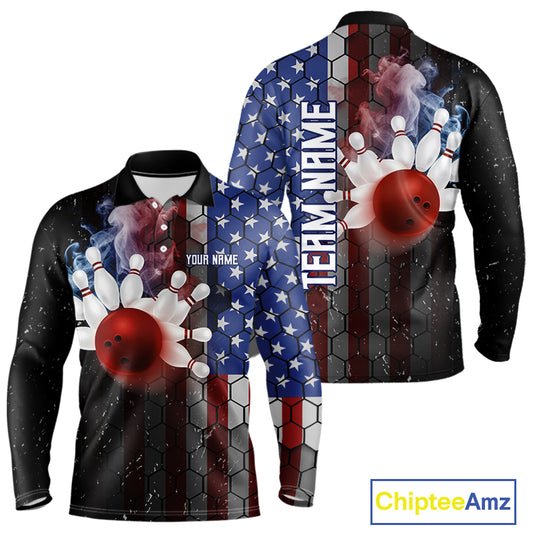 Smoke American Flag Vintage Bowling Polo, 1/4 Zip Shirts For Men Custom Patriotic Bowling Team jerseys NQS9802