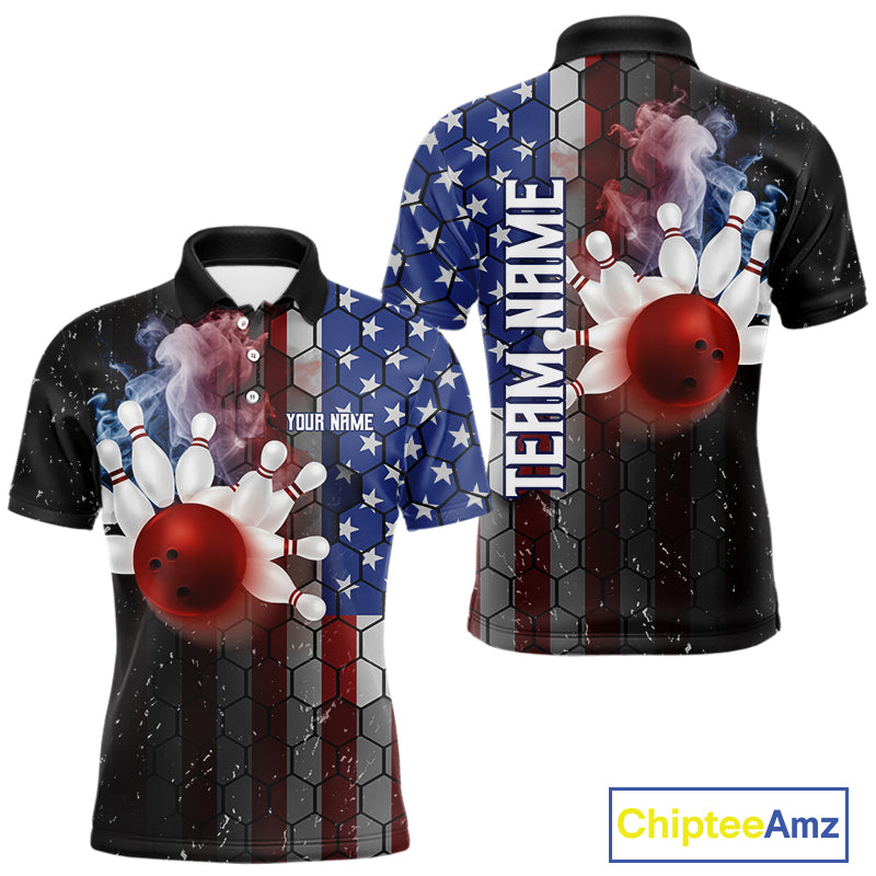 Smoke American Flag Vintage Bowling Polo, 1/4 Zip Shirts For Men Custom Patriotic Bowling Team jerseys NQS9802