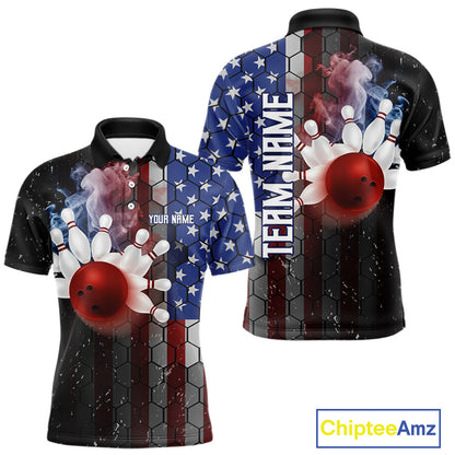 Smoke American Flag Vintage Bowling Polo, 1/4 Zip Shirts For Men Custom Patriotic Bowling Team jerseys NQS9802