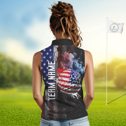 Smoke Golf ball American Flag Women Sleeveless Polo Shirt Custom Patriotic Golf attire for ladies NQS9801