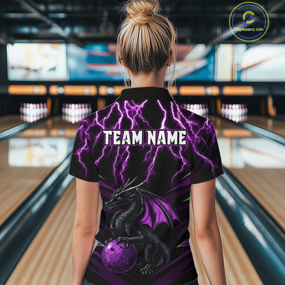 Black & Purple Lightning Thunder Dragon Women Bowling Shirts Custom Dragon Bowling Team Shirt Uniform NQS9805
