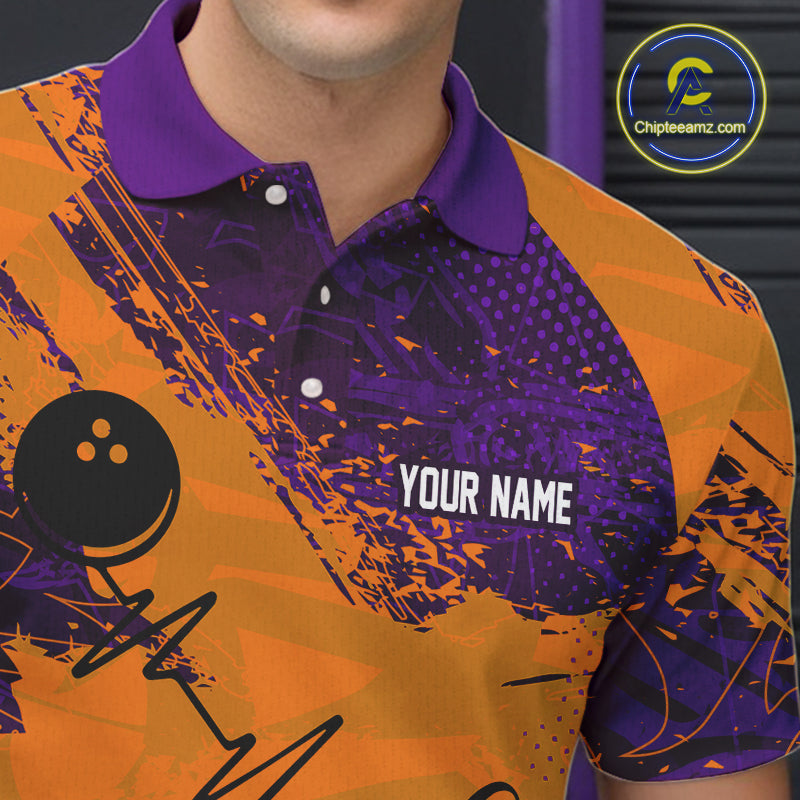 Orange & Purple Grunge Camo Heartbeat Bowling Polo, 1/4 Zip Shirt For Men Custom Bowling Team Jersey NQS10039