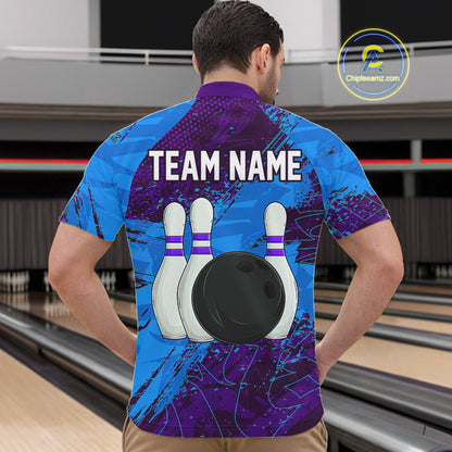 Blue and Purple Grunge Camo Heartbeat Bowling Polo, 1/4 Zip Shirt For Men Custom Bowling Team Jersey NQS10040