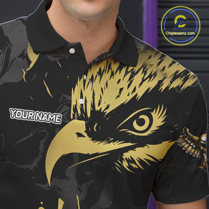 Black and Gold Eagle Bowling Polo, Quarter Zip Shirts For Men custom Bowling league outfits NQS10209