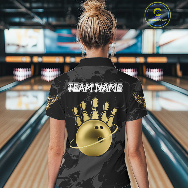 Black and Gold Eagle Bowling Polo, Quarter Zip Shirts For Women custom Bowling league outfits NQS10209