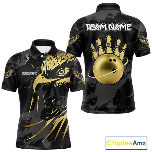 Black and Gold Eagle Bowling Polo, Quarter Zip Shirts For Men custom Bowling league outfits NQS10209