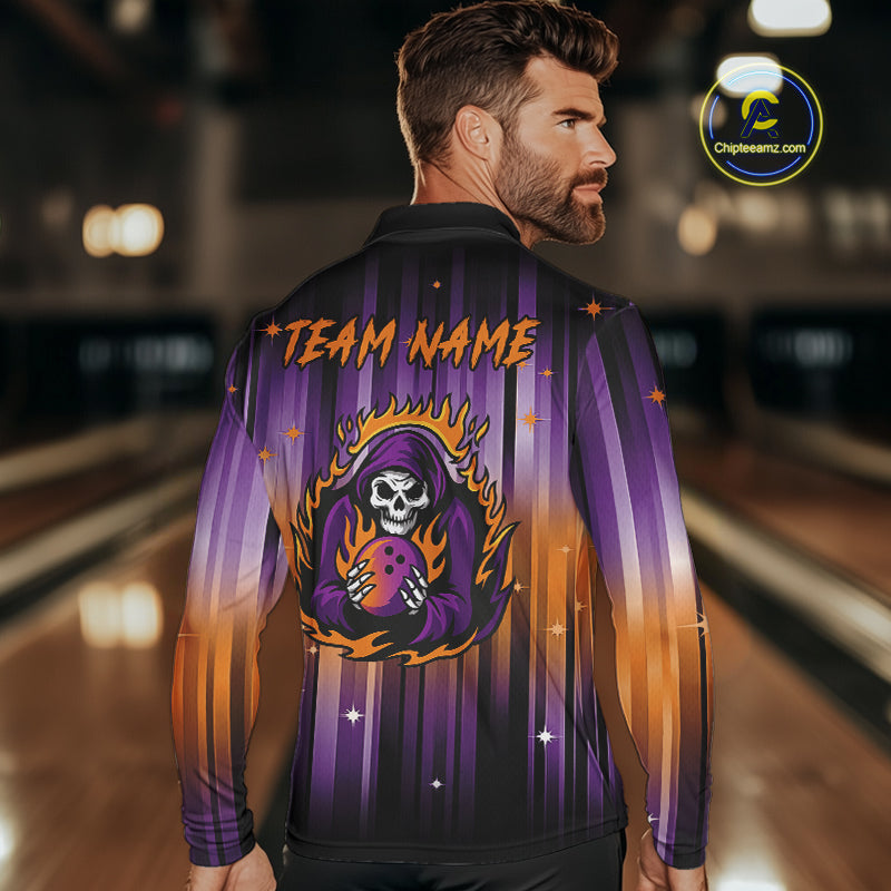 Custom Orange and Purple Flame Skull Halloween Bowling Shirts for Men, Halloween Bowling Team Jersey NQS10358