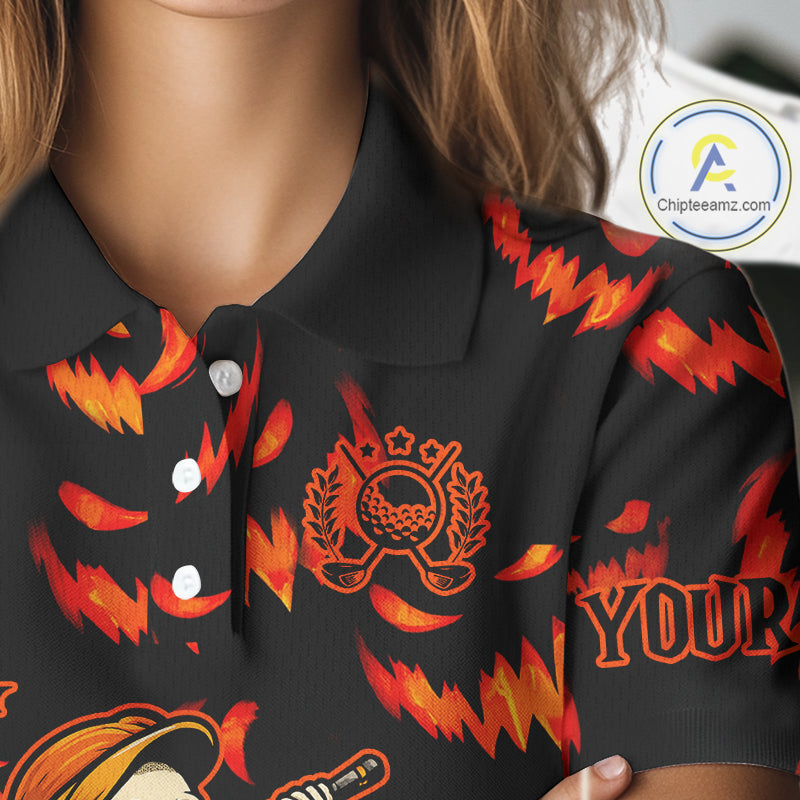 Orange and Black Halloween Pattern Funny Skull Golf polo shirt for Women Custom Halloween golf top NQS10352
