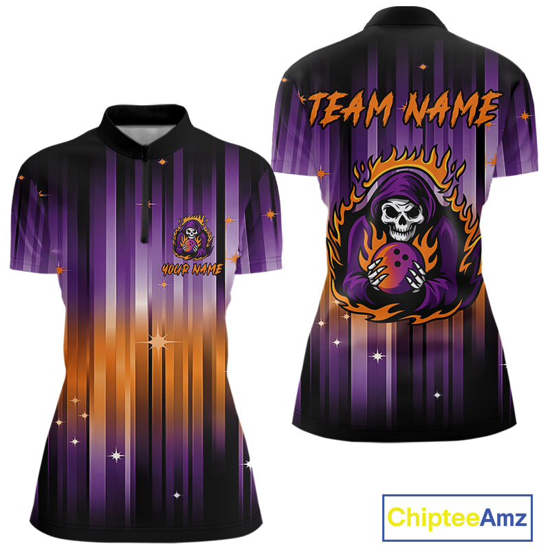 Custom Orange and Purple Flame Skull Halloween Bowling Shirt for Women, Halloween Bowling Team Jersey NQS10358