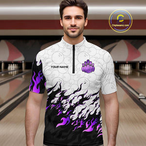 Black and White Camo Bowling Shirts For Men Custom Bowling Team League Jerseys | Purple NQS10562