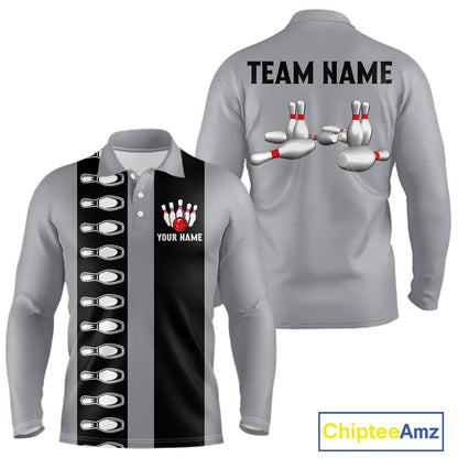 Black and Gray Retro Bowling Polo, Quarter Zip Shirts For Men Custom Vintage Bowling Team Jerseys NQS11156