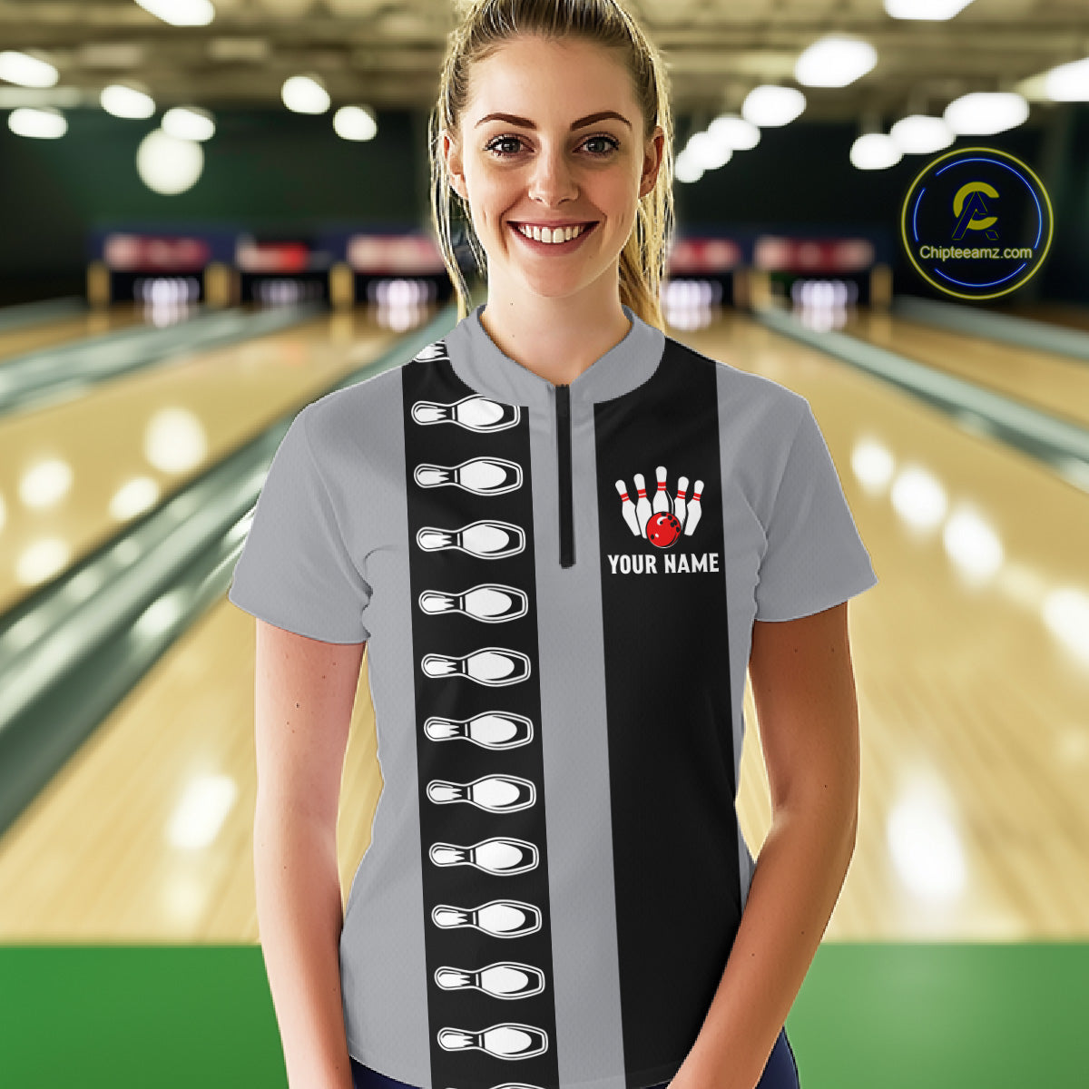 Black and Gray Retro Bowling Polo, Quarter Zip Shirts For Women Custom Vintage Bowling Team Jerseys NQS11156