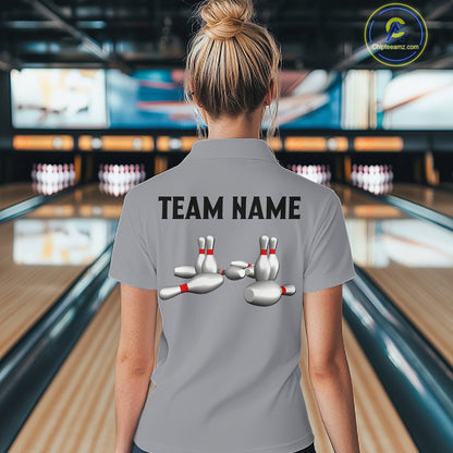 Black and Gray Retro Bowling Polo, Quarter Zip Shirts For Women Custom Vintage Bowling Team Jerseys NQS11156