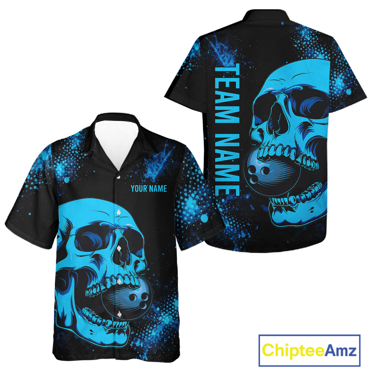 Black and Blue Skull bowling Hawaiian shirts Custom Skull team bowling uniforms, bowling outfit NQS11573