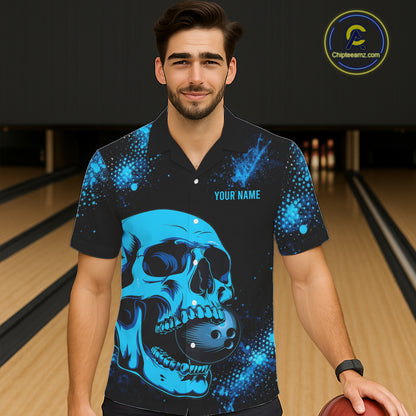 Black and Blue Skull bowling Hawaiian shirts Custom Skull team bowling uniforms, bowling outfit NQS11573