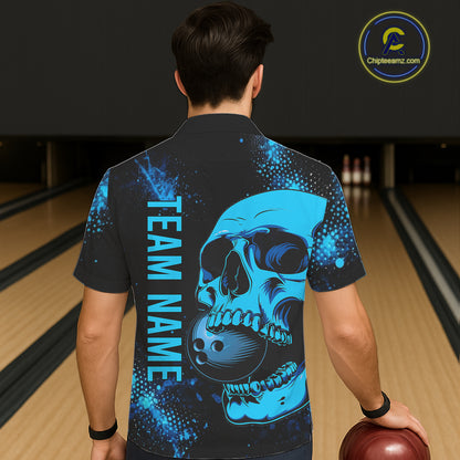 Black and Blue Skull bowling Hawaiian shirts Custom Skull team bowling uniforms, bowling outfit NQS11573