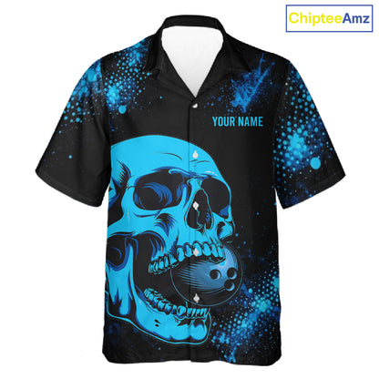 Black and Blue Skull bowling Hawaiian shirts Custom Skull team bowling uniforms, bowling outfit NQS11573