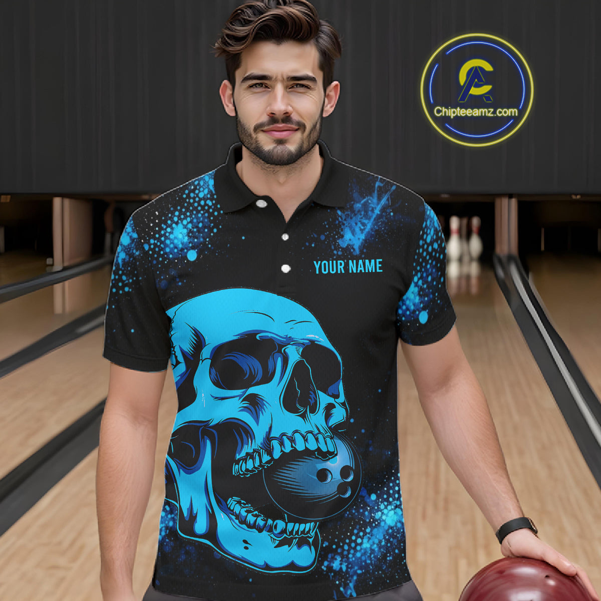 Black and Blue Skull bowling shirts for men Custom Skull team bowling shirts uniforms, bowling outfit NQS11573