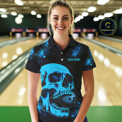 Black and Blue Skull bowling shirts for Women Custom Skull team bowling uniforms, bowling outfit NQS11573