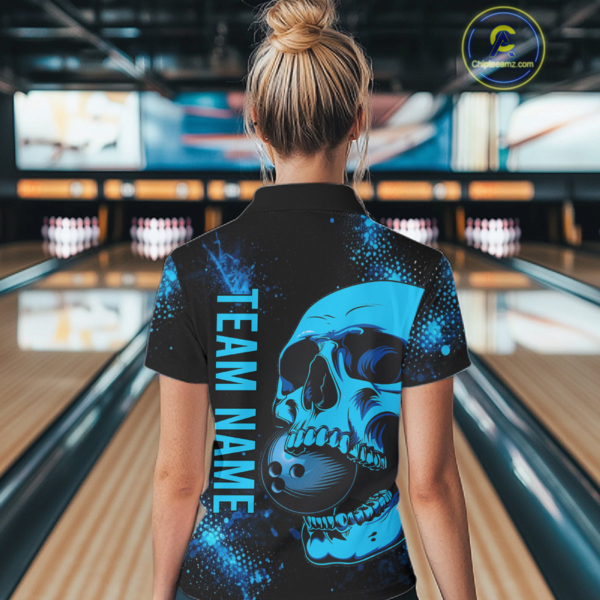 Black and Blue Skull bowling shirts for Women Custom Skull team bowling uniforms, bowling outfit NQS11573