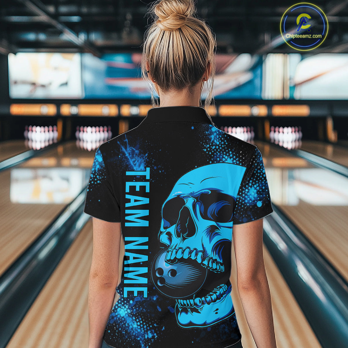 Black and Blue Skull bowling shirts for Women Custom Skull team bowling uniforms, bowling outfit NQS11573