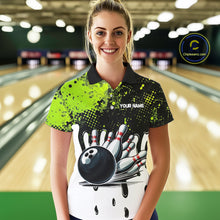 Load image into Gallery viewer, Black and Green Flame Skull Bowling Polo, 1/4 Zip Shirts for Women Custom Bowling Team League Jersey NQS11703