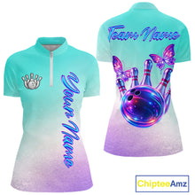 Load image into Gallery viewer, Custom Cyan Blue And Purple Glitter Butterfly Women Bowling Team Shirts, Ladies Bowling League Shirt NQS11704