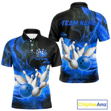 Load image into Gallery viewer, Black And Blue Flame Custom Bowling Shirts For Men, Flame Bowling League Shirts Outfits NQS9808