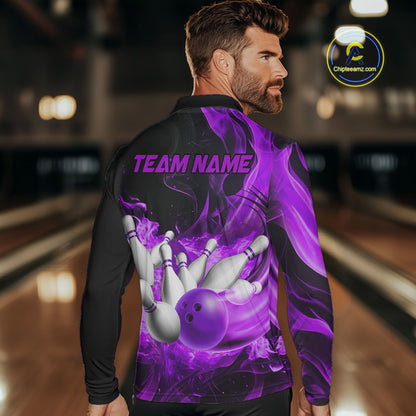 Black And Purple Flame Custom Bowling Shirts For Men, Flame Bowling League Shirts Outfits NQS9809