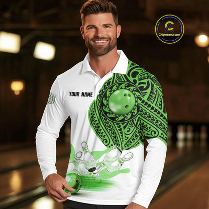 Green and White Tribal pattern Mens Bowling Shirts Custom Bowling outfit men Team bowling jersey NQS9812