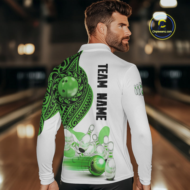 Green and White Tribal pattern Mens Bowling Shirts Custom Bowling outfit men Team bowling jersey NQS9812