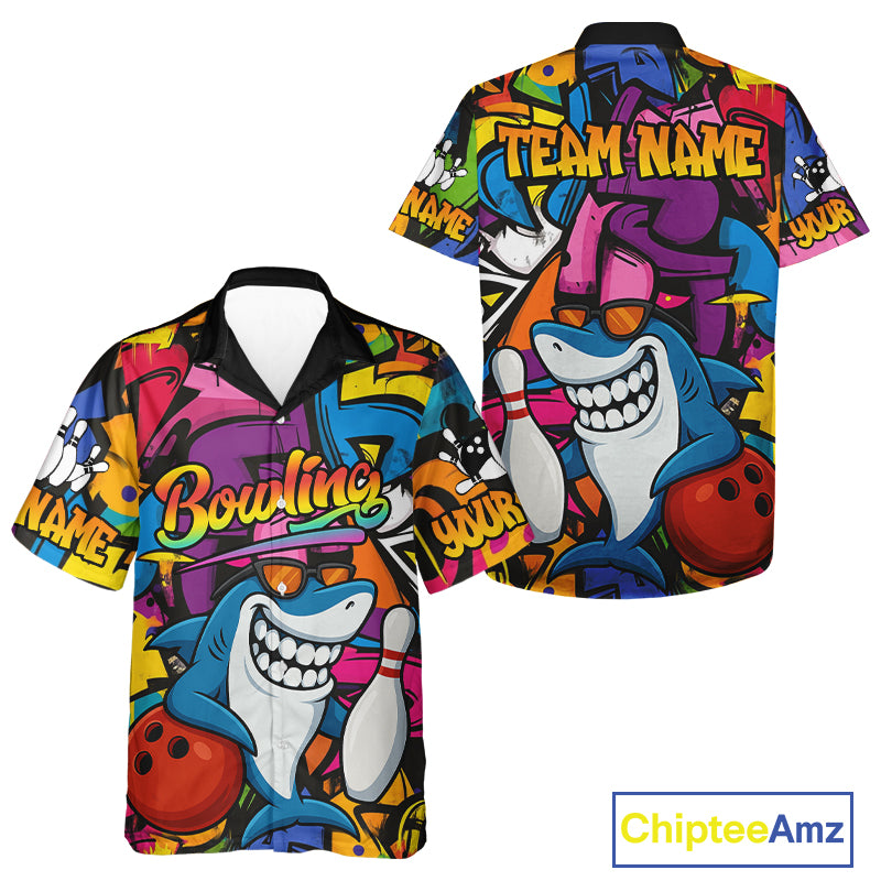 Funny Shark Hawaiian bowling shirt Custom Colorful Shark Bowling outfit, Team Bowling Button Up Shirt NQS9815