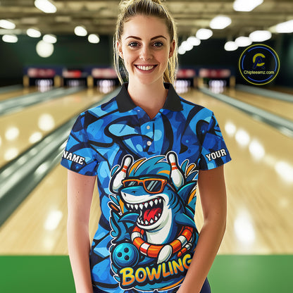 Funny Blue Camo Shark Women Bowling Polo, Quarter Zip Shirts Custom Team Shark Bowling Outfit Jersey NQS9816