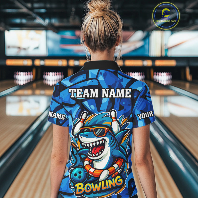 Funny Blue Camo Shark Women Bowling Polo, Quarter Zip Shirts Custom Team Shark Bowling Outfit Jersey NQS9816