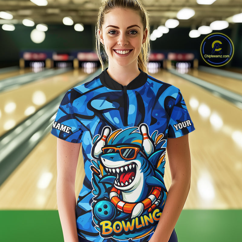 Funny Blue Camo Shark Women Bowling Polo, Quarter Zip Shirts Custom Team Shark Bowling Outfit Jersey NQS9816