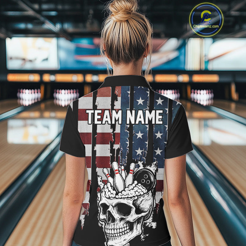 Vintage American Flag retro skull bowling shirts for Women Custom patriotic Bowling Team Outfit NQS10048