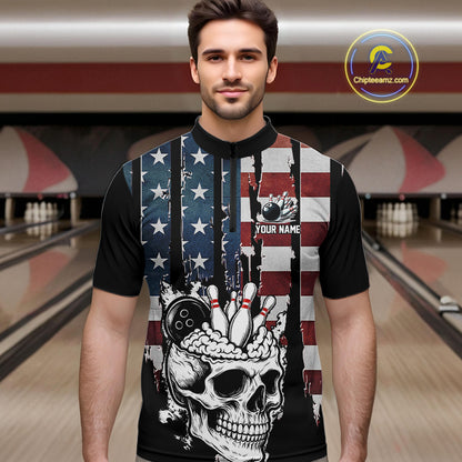Vintage American Flag retro skull bowling shirts for Men Custom patriotic Bowling Team Outfit NQS10048