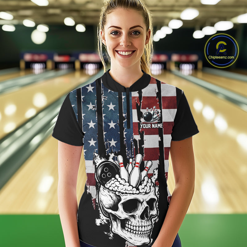 Vintage American Flag retro skull bowling shirts for Women Custom patriotic Bowling Team Outfit NQS10048